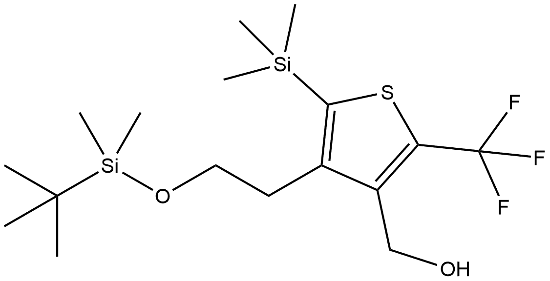 (4-(2-((tert-Butyldimethylsilyl)oxy)ethyl)-2-(trifluoromethyl)-5-(trimethylsilyl)thiophen-3-yl)methanol Struktur