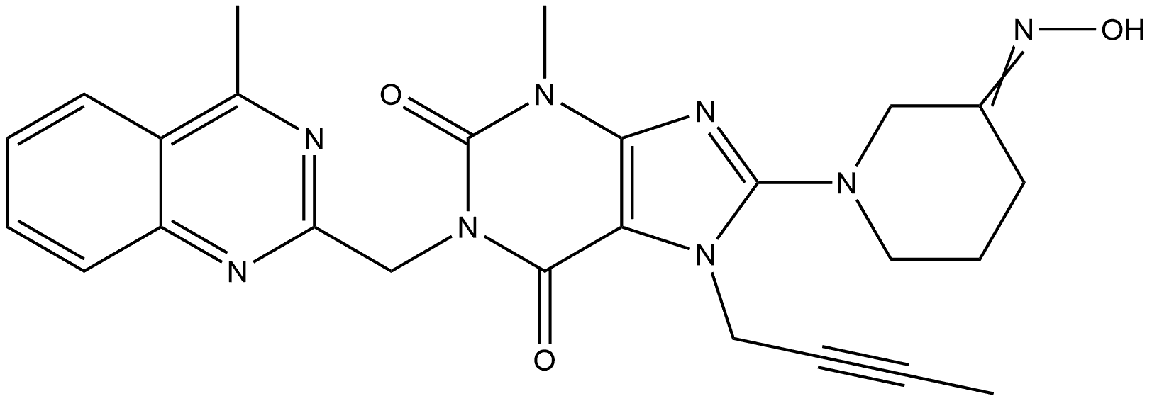 7-(2-Butyn-1-yl)-3,7-dihydro-8-[3-(hydroxyimino)-1-piperidinyl]-3-methyl-1-[(4-methyl-2-quinazolinyl)methyl]-1H-purine-2,6-dione 结构式