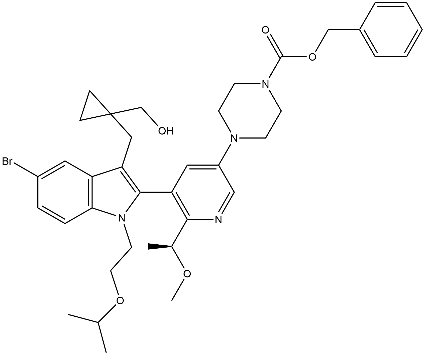 benzyl (S)-4-(5-(5-bromo-3-((1-(hydroxymethyl)cyclopropyl)methyl)-1-(2-isopropoxyethyl)-1H-indol-2-yl)-6-(1-methoxyethyl)pyridin-3-yl)piperazine-1-carboxylate,2764998-95-8,结构式