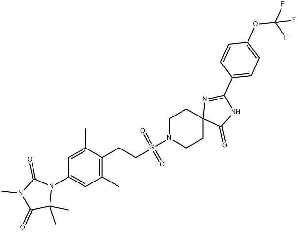 1-(3,5-dimethyl-4-(2-((4-oxo-2-(4-(trifluoromethoxy)phenyl)-1,3,8-triazaspiro[4.5]dec-1-en-8-yl)sulfonyl)ethyl)phenyl)-3,5,5-trimethylimidazolidine-2,4-dione Structure
