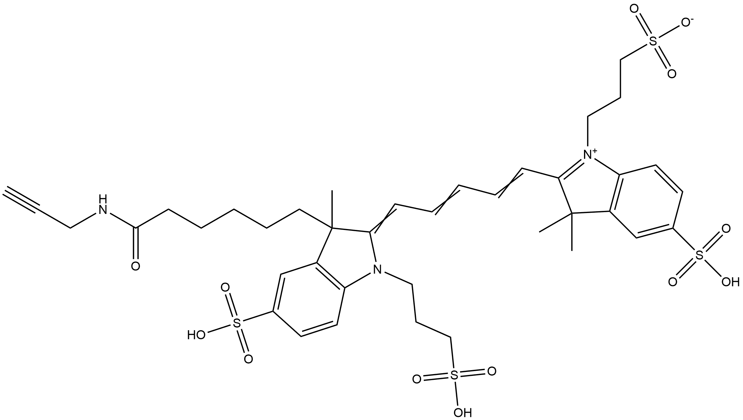 3H-Indolium, 2-[5-[1,3-dihydro-3-methyl-3-[6-oxo-6-(2-propyn-1-ylamino)hexyl]-5-sulfo-1-(3-sulfopropyl)-2H-indol-2-ylidene]-1,3-pentadien-1-yl]-3,3-dimethyl-5-sulfo-1-(3-sulfopropyl)-, inner salt,2770422-56-3,结构式
