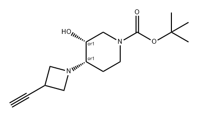 1-Piperidinecarboxylic acid, 4-(3-ethynyl-1-azetidinyl)-3-hydroxy-, 1,1-dimethylethyl ester, (3R,4S)-rel- 化学構造式