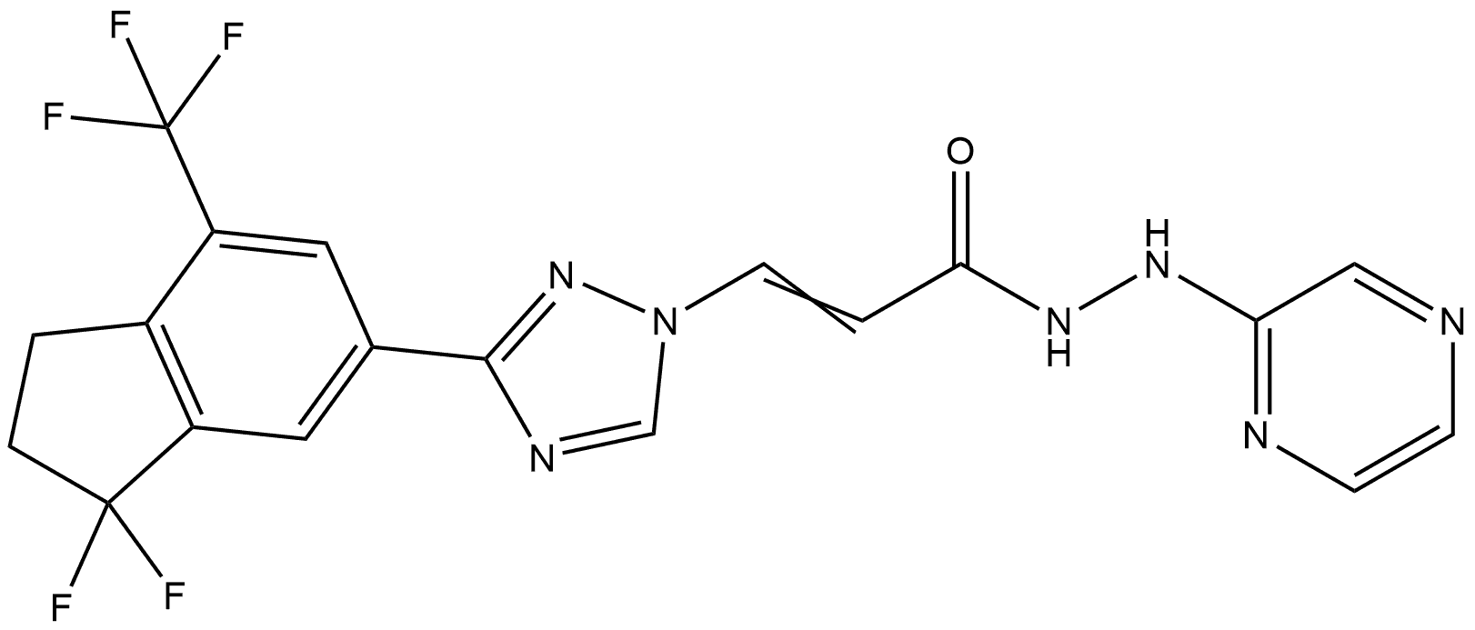 3-(3-(3,3-difluoro-7-(trifluoromethyl)-2,3-dihydro-1H-inden-5-yl)-1H-1,2,4-triazol-1-yl)-N'-(pyrazin-2-yl)acrylohydrazide 化学構造式