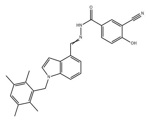 Benzoic acid, 3-cyano-4-hydroxy-, 2-[[1-[(2,3,5,6-tetramethylphenyl)methyl]-1H-indol-4-yl]methylene]hydrazide Struktur