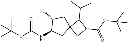 tert-Butyl (6R,7R)-6-((tert-butoxycarbonyl)amino)-7-hydroxy-1-isopropyl-2-azaspiro[3.4]octane-2-carboxylate Struktur