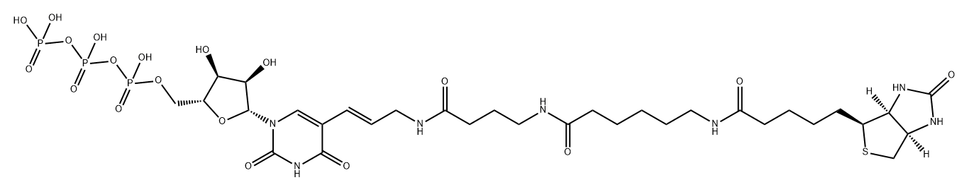 Uridine 5'-(tetrahydrogen triphosphate), 5-[(1E)-3-[[4-[[6-[[5-[(3aS,4S,6aR)-hexahydro-2-oxo-1H-thieno[3,4-d]imidazol-4-yl]-1-oxopentyl]amino]-1-oxohexyl]amino]-1-oxobutyl]amino]-1-propen-1-yl]- 结构式