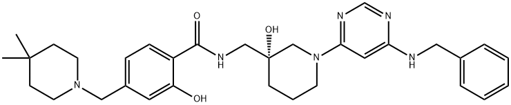 Benzamide, 4-[(4,4-dimethyl-1-piperidinyl)methyl]-2-hydroxy-N-[[(3R)-3-hydroxy-1-[6-[(phenylmethyl)amino]-4-pyrimidinyl]-3-piperidinyl]methyl]- 结构式