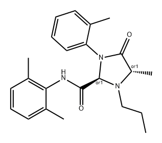 2-Imidazolidinecarboxamide, N-(2,6-dimethylphenyl)-4-methyl-1-(2-methylphenyl)-5-oxo-3-propyl-, (2R,4S)-rel- Struktur