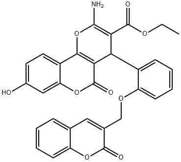 4H,5H-Pyrano[3,2-c][1]benzopyran-3-carboxylic acid, 2-amino-8-hydroxy-5-oxo-4-[2-[(2-oxo-2H-1-benzopyran-3-yl)methoxy]phenyl]-, ethyl ester Structure