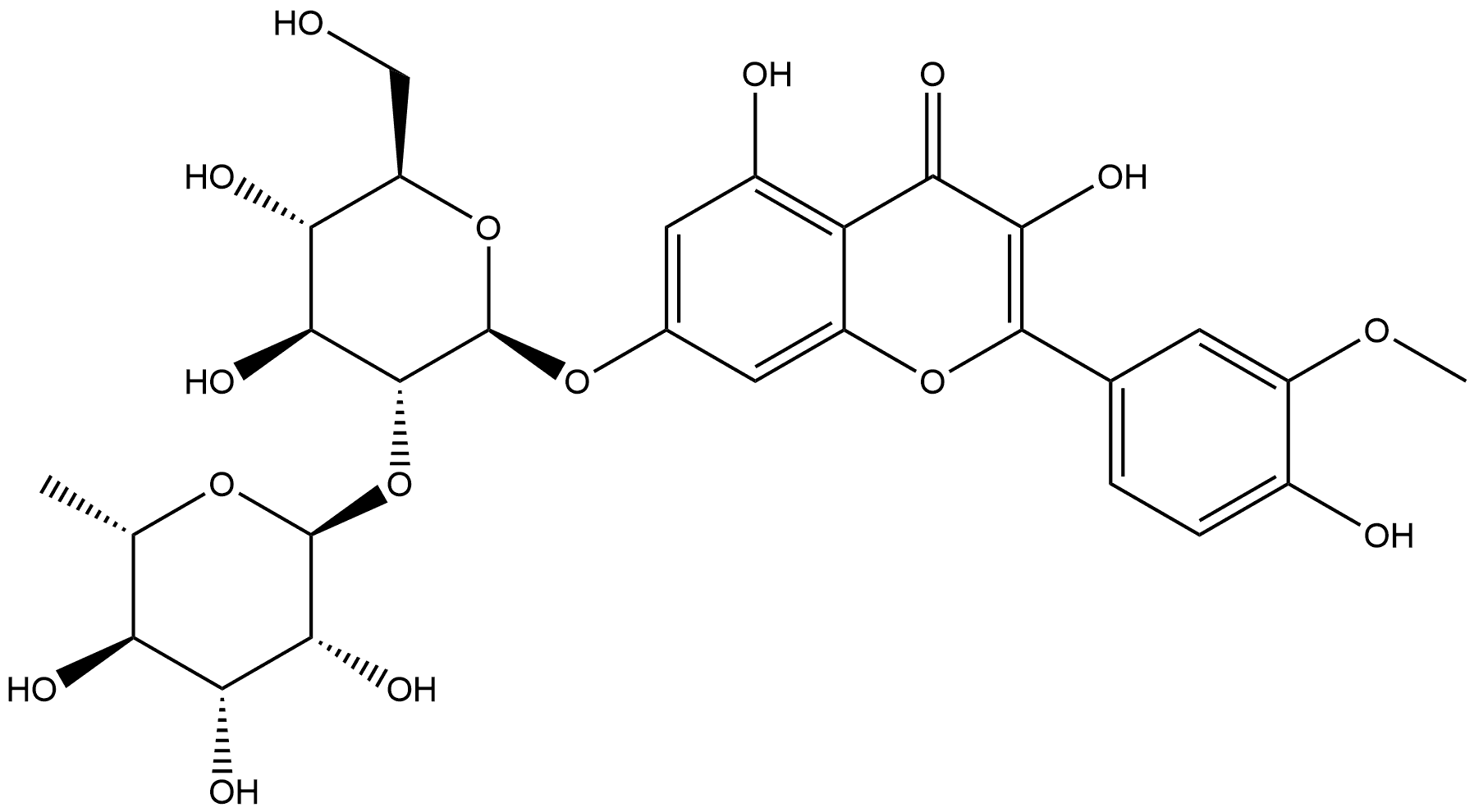 4H-1-Benzopyran-4-one, 7-[[2-O-(6-deoxy-α-L-mannopyranosyl)-β-D-glucopyranosyl]oxy]-3,5-dihydroxy-2-(4-hydroxy-3-methoxyphenyl)- Structure