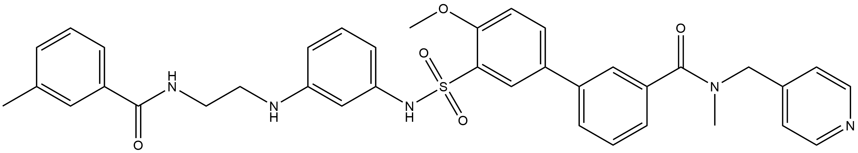 4′-Methoxy-N-methyl-3′-[[[3-[[2-[(3-methylbenzoyl)amino]ethyl]amino]phenyl]amino]sulfonyl]-N-(4-pyridinylmethyl)[1,1′-biphenyl]-3-carboxamide 化学構造式