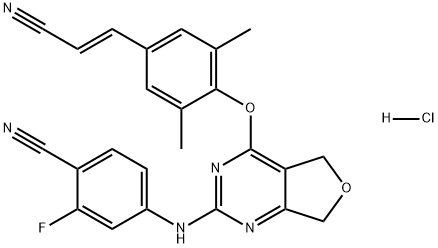 Benzonitrile, 4-[[4-[4-[(1E)-2-cyanoethenyl]-2,6-dimethylphenoxy]-5,7-dihydrofuro[3,4-d]pyrimidin-2-yl]amino]-2-fluoro-, hydrochloride (1:1) Struktur
