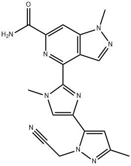 1H-Pyrazolo[4,3-c]pyridine-6-carboxamide, 4-[4-[1-(cyanomethyl)-3-methyl-1H-pyrazol-5-yl]-1-methyl-1H-imidazol-2-yl]-1-methyl- 化学構造式