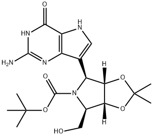 5H-1,3-Dioxolo4,5-cpyrrole-5-carboxylic acid, 4-(2-amino-4,5-dihydro-4-oxo-1H-pyrrolo3,2-dpyrimidin-7-yl)tetrahydro-6-(hydroxymethyl)-2,2-dimethyl-, 1,1-dimethylethyl ester, (3aS,4S,6R,6aR)- Structure
