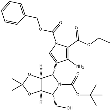 1H-Pyrrole-1,2-dicarboxylic acid, 3-amino-4-(3aS,4S,6R,6aR)-5-(1,1-dimethylethoxy)carbonyltetrahydro-6-(hydroxymethyl)-2,2-dimethyl-4H-1,3-dioxolo4,5-cpyrrol-4-yl-, 2-ethyl 1-(phenylmethyl) ester Structure