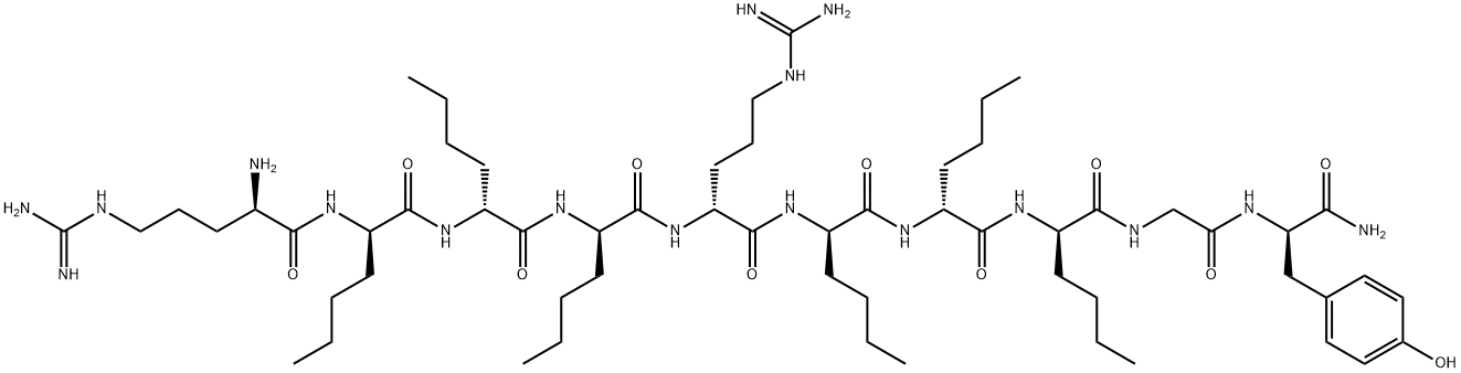 (2R)-2-[[(2R)-2-[[(2R)-2-[[(2R)-2-amino-5-(diaminomethylideneamino)pen tanoyl]amino]hexanoyl]amino]hexanoyl]amino]-N-[(1R)-1-[[(1R)-1-[[(1R)- 1-[[(1R)-1-[[(1R)-1-carbamoyl-2-(4-hydroxyphenyl)ethyl]carbamoylmethyl carbamoyl]pentyl]carbamoyl]pentyl]carbamoyl]pentyl]carbamoyl]-4-(diami nomethylideneamino)butyl]hexanamide Struktur