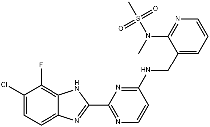 Methanesulfonamide, N-[3-[[[2-(6-chloro-7-fluoro-1H-benzimidazol-2-yl)-4-pyrimidinyl]amino]methyl]-2-pyridinyl]-N-methyl- 化学構造式