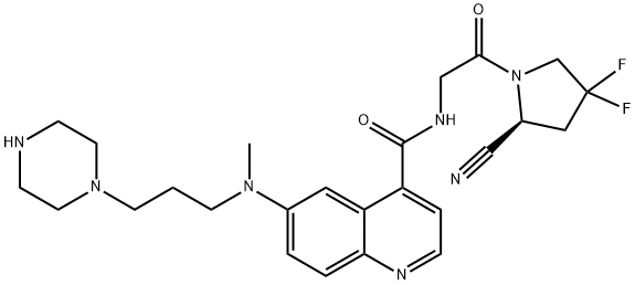 (S)-N-(2-(2-CYANO-4,4-DIFLUOROPYRROLIDIN-1-YL)-2-OXOETHYL)-6-(METHYL(3-(PIPERAZIN-1-YL)PROPYL)AMINO)QUINOLINE-4-CARBOXAMIDE 结构式