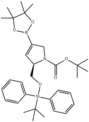1H-Pyrrole-1-carboxylic acid, 2-[[[(1,1-dimethylethyl)diphenylsilyl]oxy]methyl]-2,5-dihydro-4-(4,4,5,5-tetramethyl-1,3,2-dioxaborolan-2-yl)-, 1,1-dimethylethyl ester, (2R)- 化学構造式