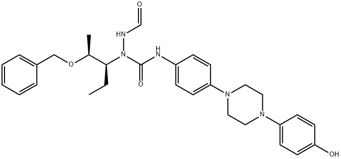 Hydrazinecarboxamide, 1-[(1S,2S)-1-ethyl-2-(phenylmethoxy)propyl]-2-formyl-N-[4-[4-(4-hydroxyphenyl)-1-piperazinyl]phenyl]- 化学構造式