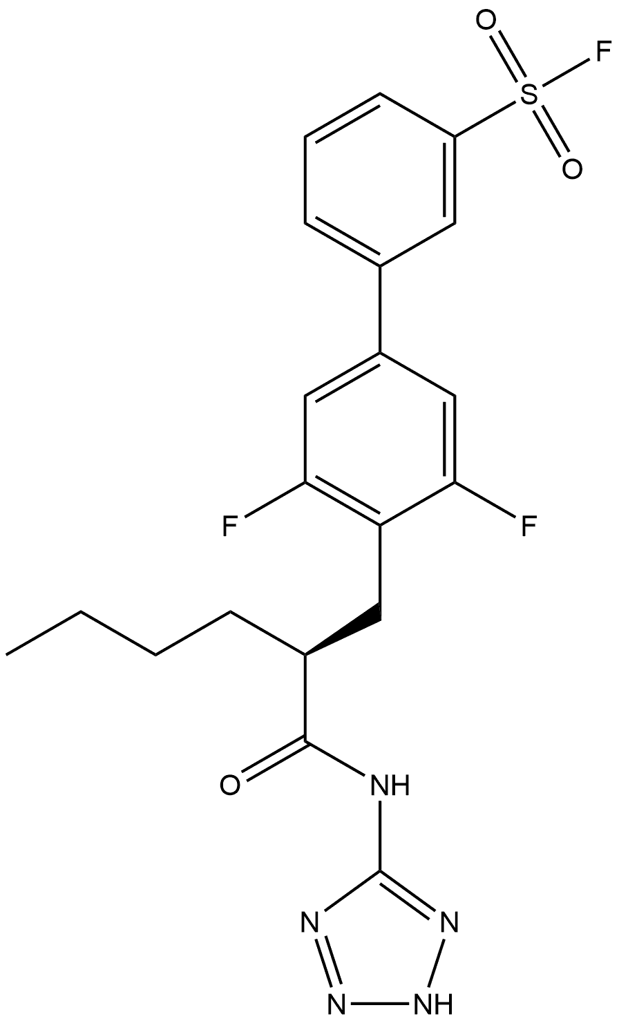 [1,1′-Biphenyl]-3-sulfonyl fluoride, 3′,5′-difluoro-4′-[(2S)-2-[(2H-tetrazol-5-ylamino)carbonyl]hexyl]- Structure