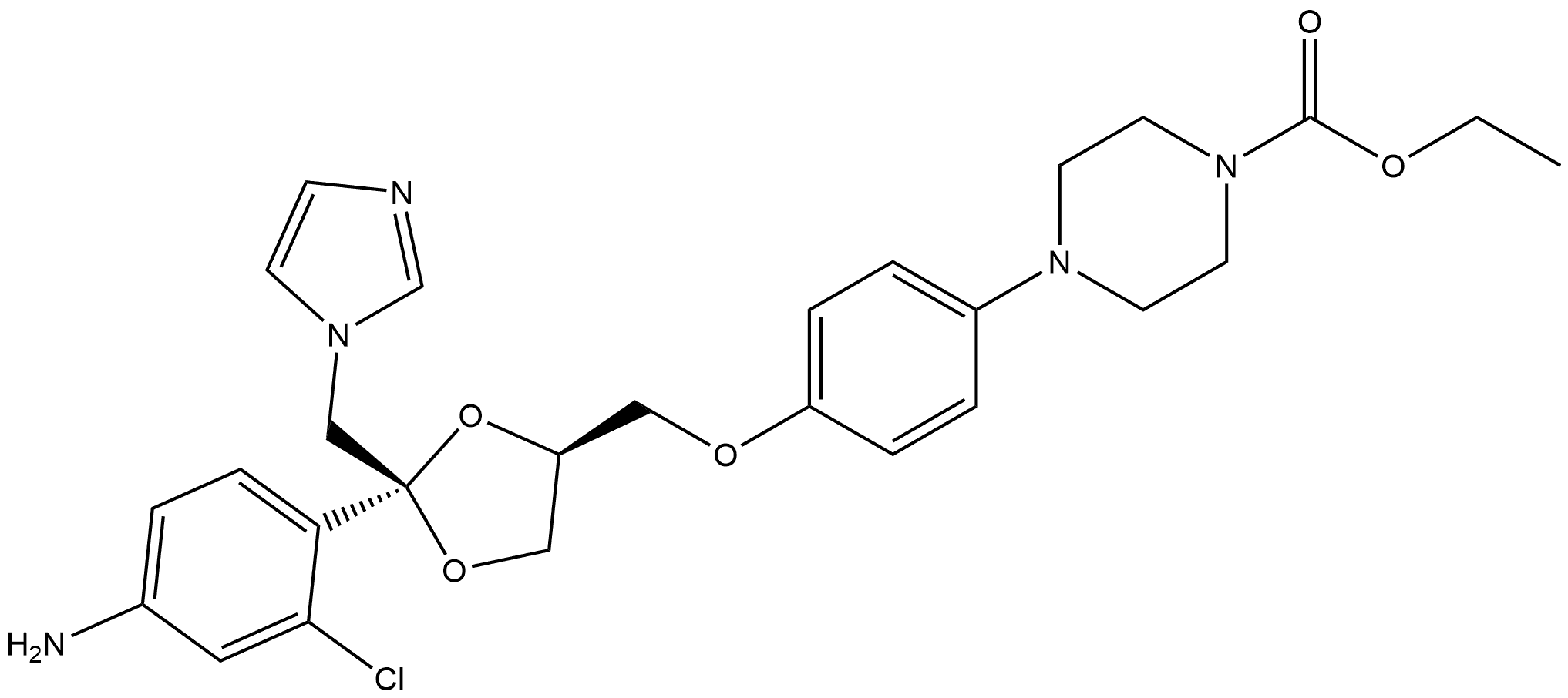 1-Piperazinecarboxylic acid, 4-[4-[[(2R,4S)-2-(4-amino-2-chlorophenyl)-2-(1H-imidazol-1-ylmethyl)-1,3-dioxolan-4-yl]methoxy]phenyl]-, ethyl ester, rel- 结构式