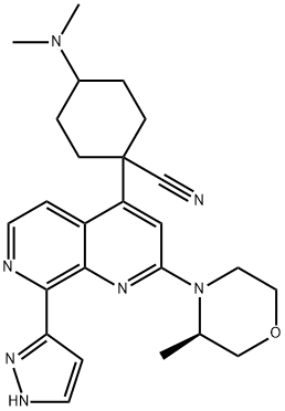 Cyclohexanecarbonitrile, 4-(dimethylamino)-1-[2-[(3R)-3-methyl-4-morpholinyl]-8-(1H-pyrazol-3-yl)-1,7-naphthyridin-4-yl]- 化学構造式