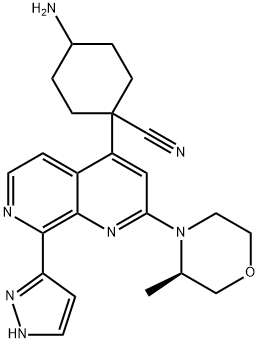 Cyclohexanecarbonitrile, 4-amino-1-[2-[(3R)-3-methyl-4-morpholinyl]-8-(1H-pyrazol-3-yl)-1,7-naphthyridin-4-yl]- Structure