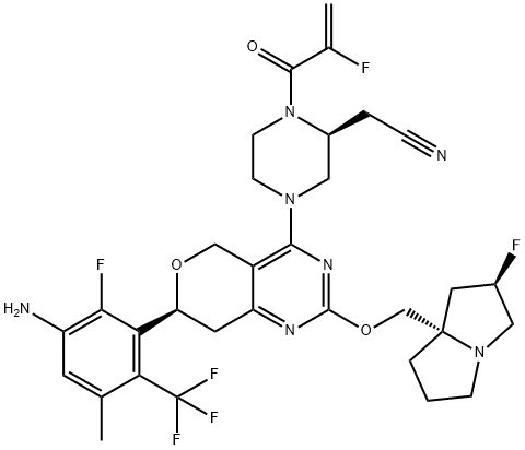 2914919-85-8 2-Piperazineacetonitrile, 4-[(7S)-7-[3-amino-2-fluoro-5-methyl-6-(trifluoromethyl)phenyl]-2-[[(2R,7aS)-2-fluorotetrahydro-1H-pyrrolizin-7a(5H)-yl]methoxy]-7,8-dihydro-5H-pyrano[4,3-d]pyrimidin-4-yl]-1-(2-fluoro-1-oxo-2-propen-1-yl)-, (2S)-