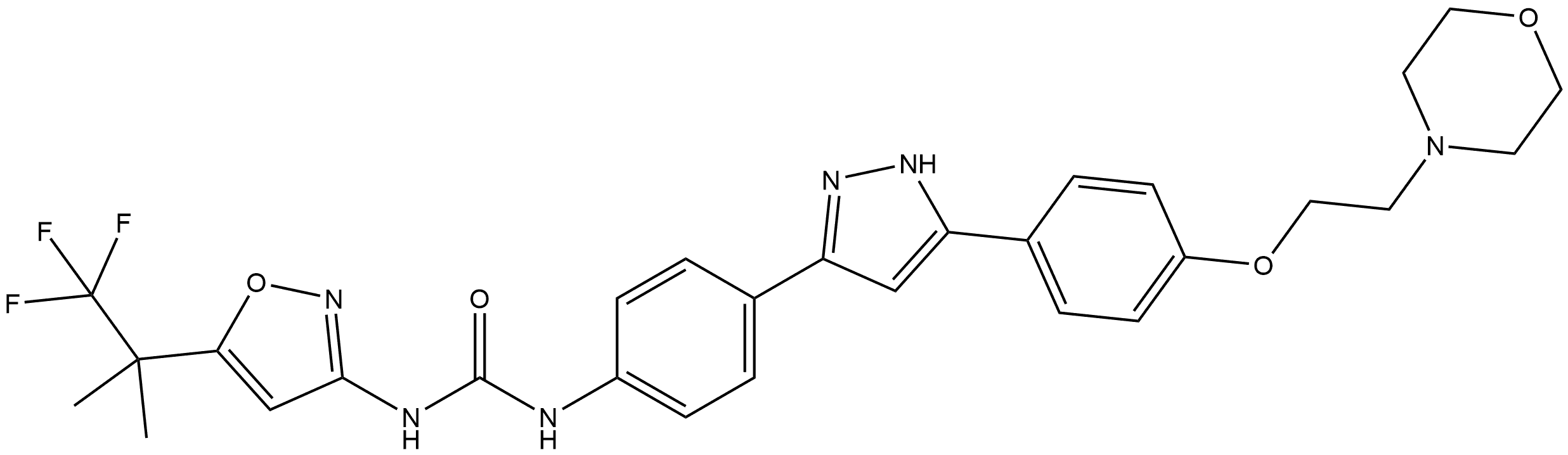 Urea, N-[4-[5-[4-[2-(4-morpholinyl)ethoxy]phenyl]-1H-pyrazol-3-yl]phenyl]-N′-[5-(2,2,2-trifluoro-1,1-dimethylethyl)-3-isoxazolyl]- 化学構造式