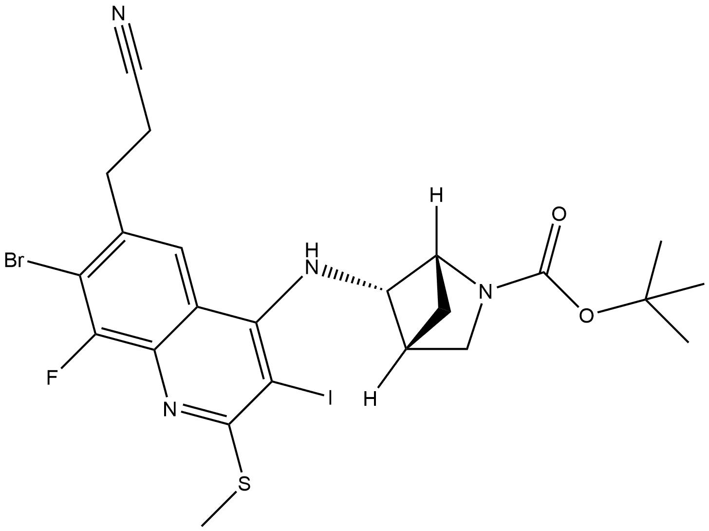 2-Azabicyclo[2.1.1]hexane-2-carboxylic acid, 5-[[7-bromo-6-(2-cyanoethyl)-8-fluoro-3-iodo-2-(methylthio)-4-quinolinyl]amino]-, 1,1-dimethylethyl ester, (1R,4R,5S)- 结构式