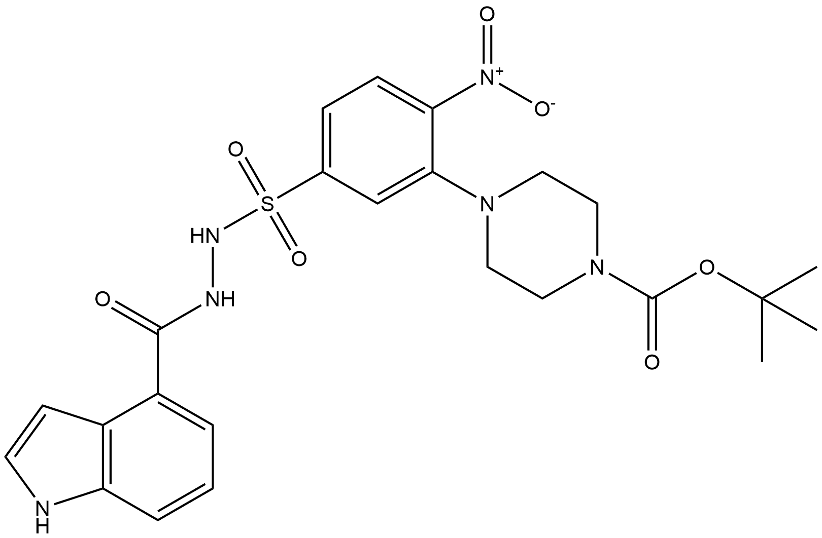 tert-butyl 4-(5-((2-(1H-indole-4-carbonyl)hydrazinyl)sulfonyl)-2-nitrophenyl)piperazine-1-carboxylate Structure