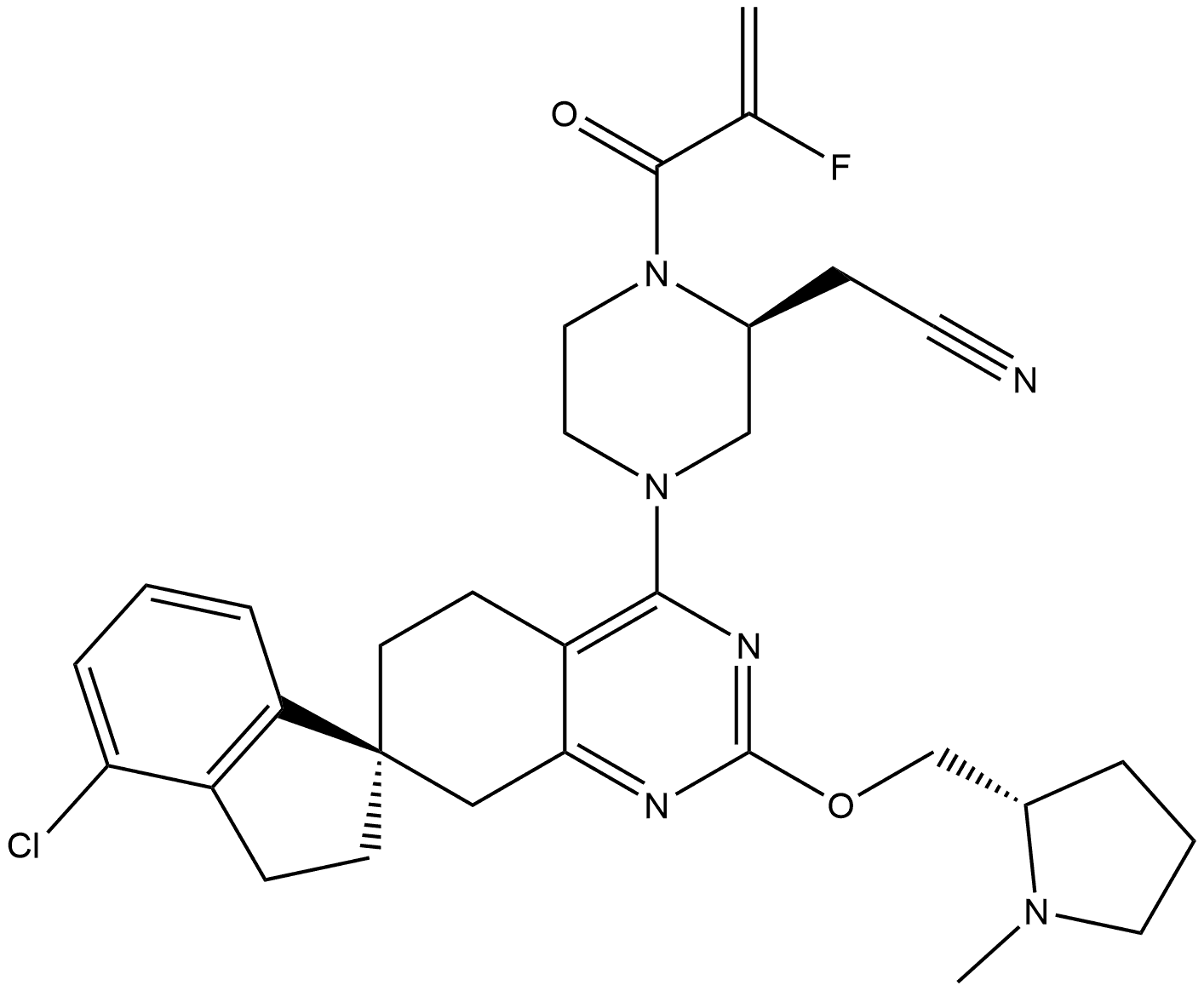 2-Piperazineacetonitrile, 4-[(1R)-4-chloro-2,3,5′,8′-tetrahydro-2′-[[(2S)-1-methyl-2-pyrrolidinyl]methoxy]spiro[1H-indene-1,7′(6′H)-quinazolin]-4′-yl]-1-(2-fluoro-1-oxo-2-propen-1-yl)-, (2S)- 化学構造式