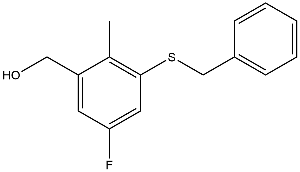 Benzenemethanol, 5-fluoro-2-methyl-3-[(phenylmethyl)thio]- Structure