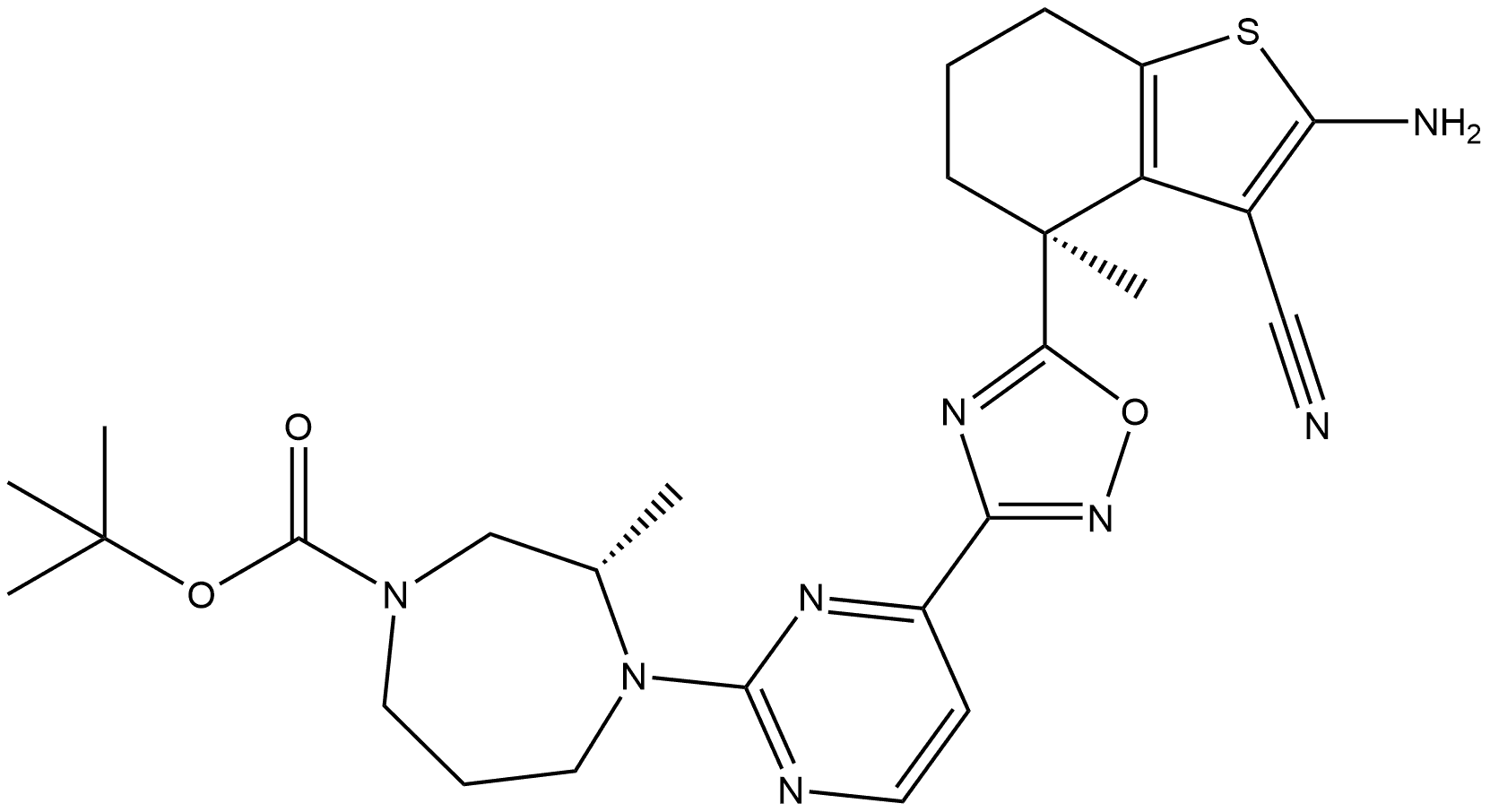 叔丁基(S)-4-(4-(5-((S)-2-氨基-3-氰基-4-甲基-4,5,6,7-四氢苯并[B]噻吩-4-基) -1,2,4-恶二唑-3-基)嘧啶-2-基)-3-甲基-1,4-二氮杂环庚烷-1-羧酸酯 结构式