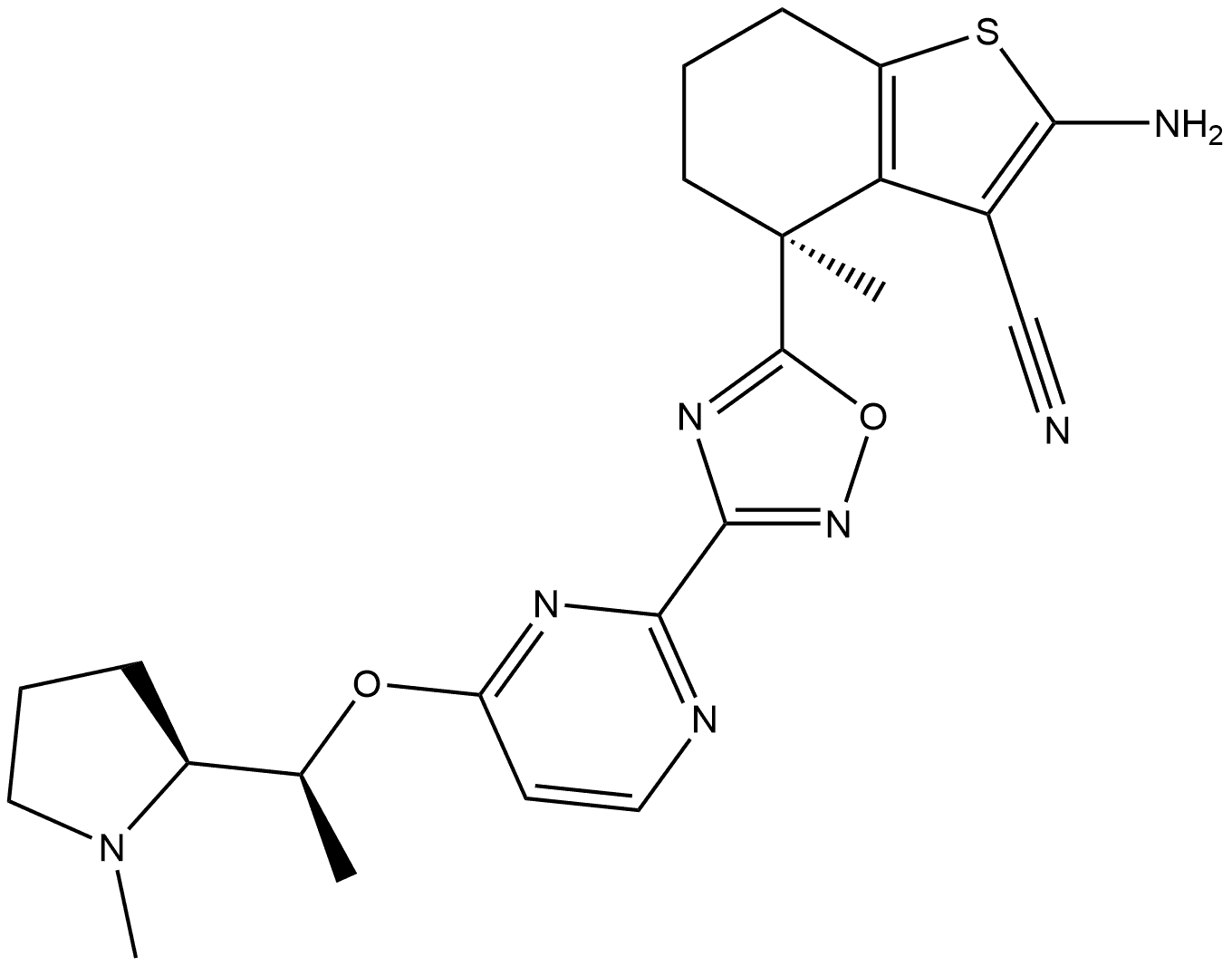 (4S)-2-氨基-4,5,6,7-四氢-4-甲基-4-[3-[4-[(1S)-1-[(2S)-1-甲基-2-吡咯烷基]乙氧基]-2-嘧啶基]-1,2,4-恶二唑-5-基]苯并[B]噻吩-3-甲腈,2937327-93-8,结构式