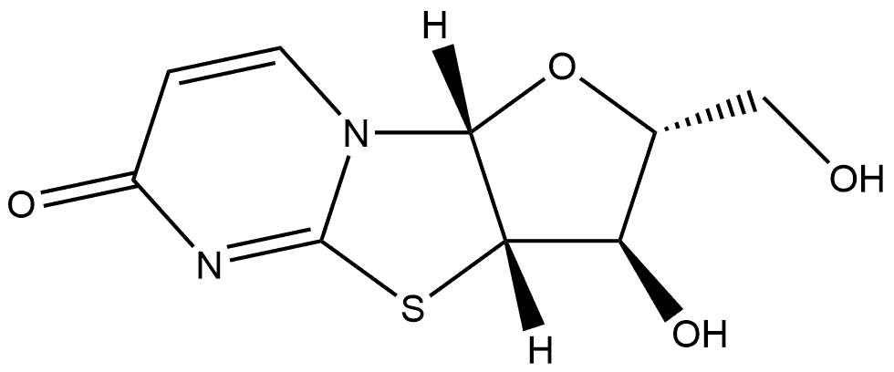 (2R)-2α-(ヒドロキシメチル)-3β-ヒドロキシ-2,3,3aβ,9aβ-テトラヒドロ-6H-フロ[2′,3′:4,5]チアゾロ[3,2-a]ピリミジン-6-オン 化学構造式