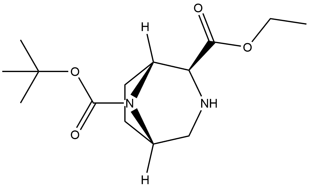 3,8-Diazabicyclo[3.2.1]octane-2,8-dicarboxylic acid, 8-(1,1-dimethylethyl) 2-ethyl ester, (1R,2S,5S)- 化学構造式