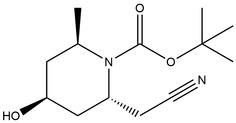 tert-Butyl (2R,4S,6R)-2-(cyanomethyl)-4-hydroxy-6-methylpiperidine-1-carboxylate 化学構造式