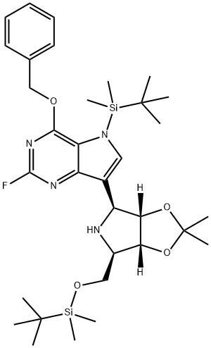 5H-Pyrrolo3,2-dpyrimidine, 5-(1,1-dimethylethyl)dimethylsilyl-7-(3aS,4S,6R,6aR)-6-(1,1-dimethylethyl)dimethylsilyloxymethyltetrahydro-2,2-dimethyl-4H-1,3-dioxolo4,5-cpyrrol-4-yl-2-fluoro-4-(phenylmethoxy)-,299917-18-3,结构式