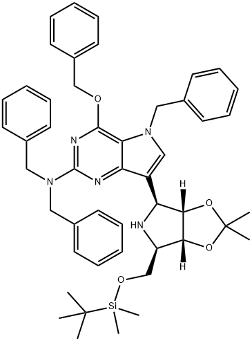 5H-Pyrrolo3,2-dpyrimidin-2-amine, 7-(3aS,4S,6R,6aR)-6-(1,1-dimethylethyl)dimethylsilyloxymethyltetrahydro-2,2-dimethyl-4H-1,3-dioxolo4,5-cpyrrol-4-yl-4-(phenylmethoxy)-N,N,5-tris(phenylmethyl)- 结构式