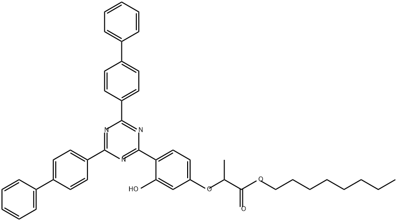 Propanoic acid, 2-[4-[4,6-bis([1,1'-biphenyl]-4-yl)-1,3,5-triazin-2-yl]-3-hydroxyphenoxy]-, octyl ester Structure