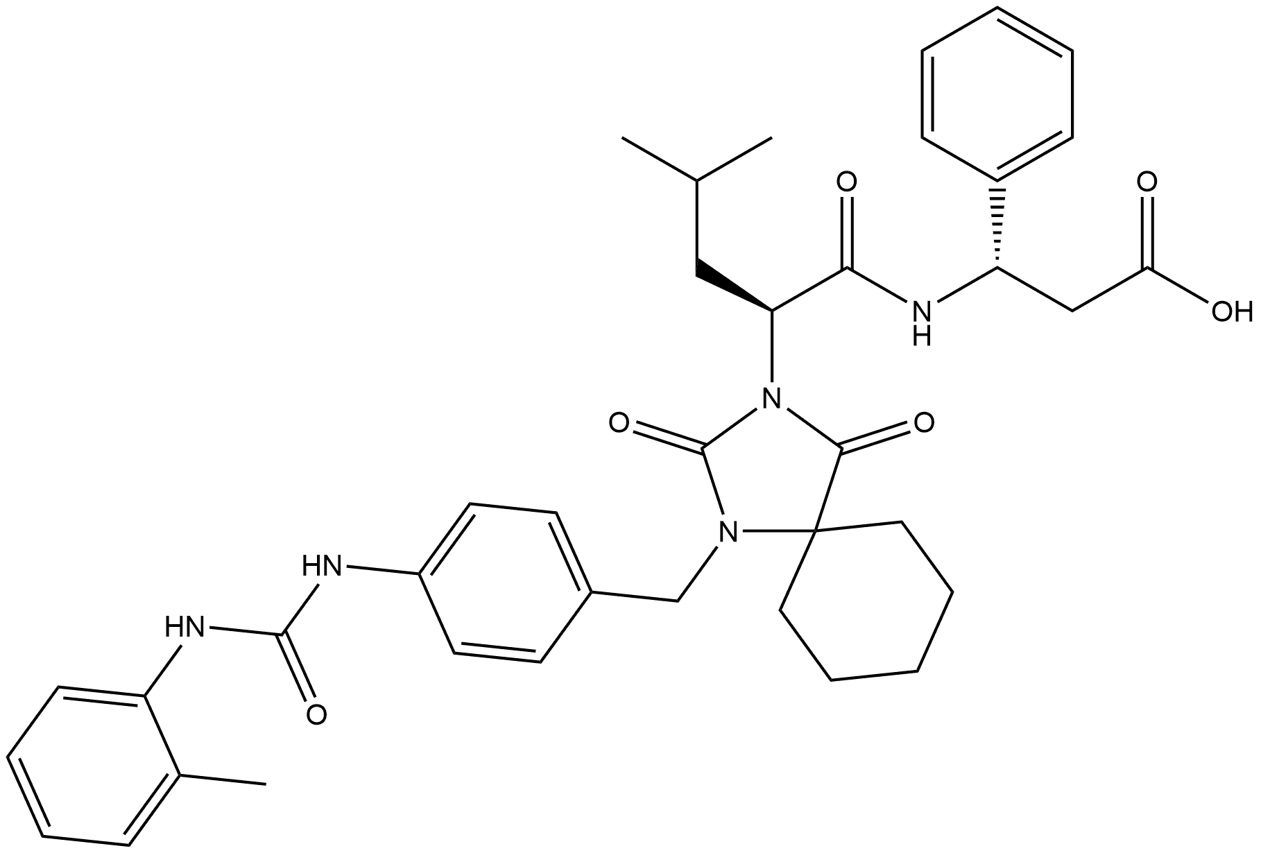 Benzenepropanoic acid, β-[[(2S)-4-methyl-2-[1-[[4-[[[(2-methylphenyl)amino]carbonyl]amino]phenyl]methyl]-2,4-dioxo-1,3-diazaspiro[4.5]dec-3-yl]-1-oxopentyl]amino]-, (βS)- Struktur