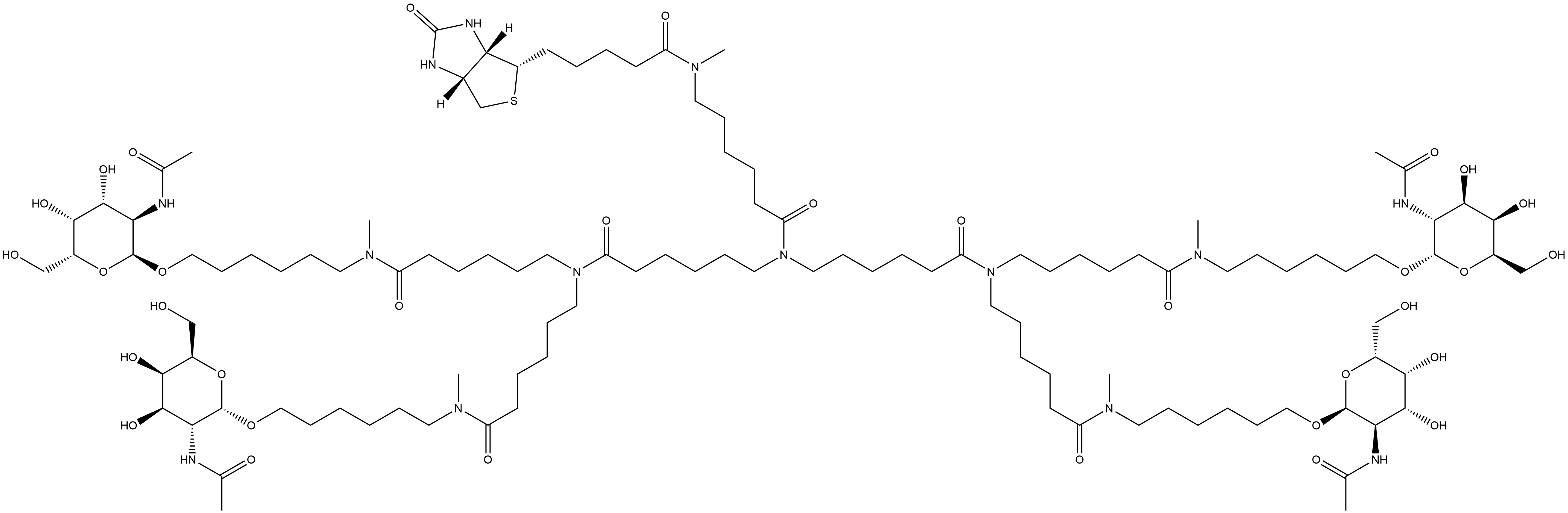 (3aS,4S,6aR)-N-[6-[Bis[6-[bis[6-[[6-[[2-(acetylamino)-2-deoxy-α-D-galactopyranosyl]oxy]hexyl]methylamino]-6-oxohexyl]amino]-6-oxohexyl]amino]-6-oxohexyl]hexahydro-N-methyl-2-oxo-1H-thieno[3,4-d]imidazole-4-pentanamide 化学構造式