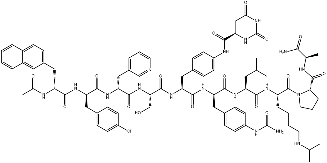 D-Alaninamide, N-acetyl-3-(2-naphthalenyl)-D-alanyl-4-chloro-D-phenylalanyl-3-(3-pyridinyl)-D-alanyl-L-seryl-4-[[[(4R)-hexahydro-2,6-dioxo-4-pyrimidinyl]carbonyl]amino]-L-phenylalanyl-4-[(aminocarbonyl)amino]-D-phenylalanyl-L-leucyl-N6-(1-methylethyl)-L-lysyl-L-prolyl-,324017-56-3,结构式