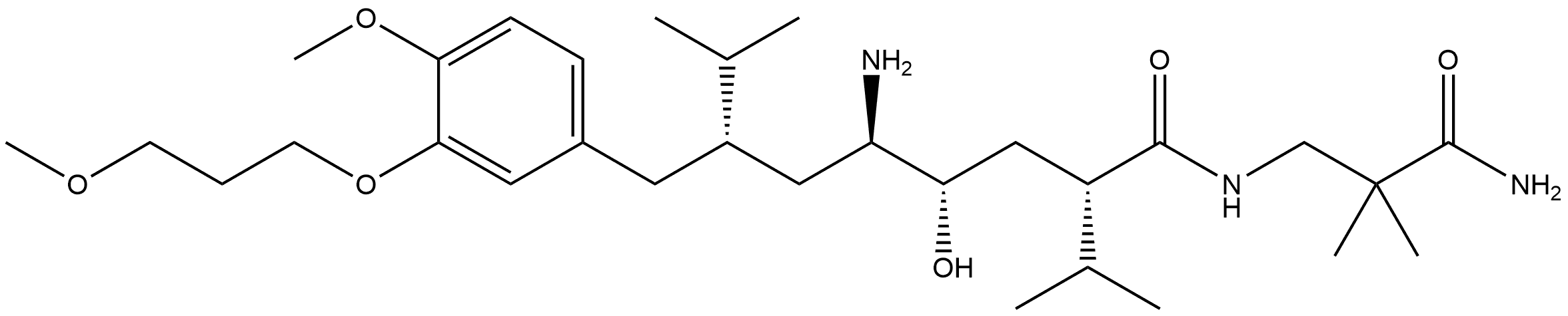 Benzeneoctanamide, δ-amino-N-(3-amino-2,2-dimethyl-3-oxopropyl)-γ-hydroxy-4-methoxy-3-(3-methoxypropoxy)-α,ζ-bis(1-methylethyl)-, (αS,γS,δR,ζS)- Structure