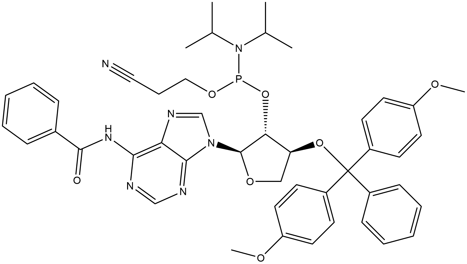 Phosphoramidous acid, N,N-bis(1-methylethyl)-, (2R,3R,4S)-2-[6-(benzoylamino)-9H-purin-9-yl]-4-[bis(4-methoxyphenyl)phenylmethoxy]tetrahydro-3-furanyl 2-cyanoethyl ester Struktur