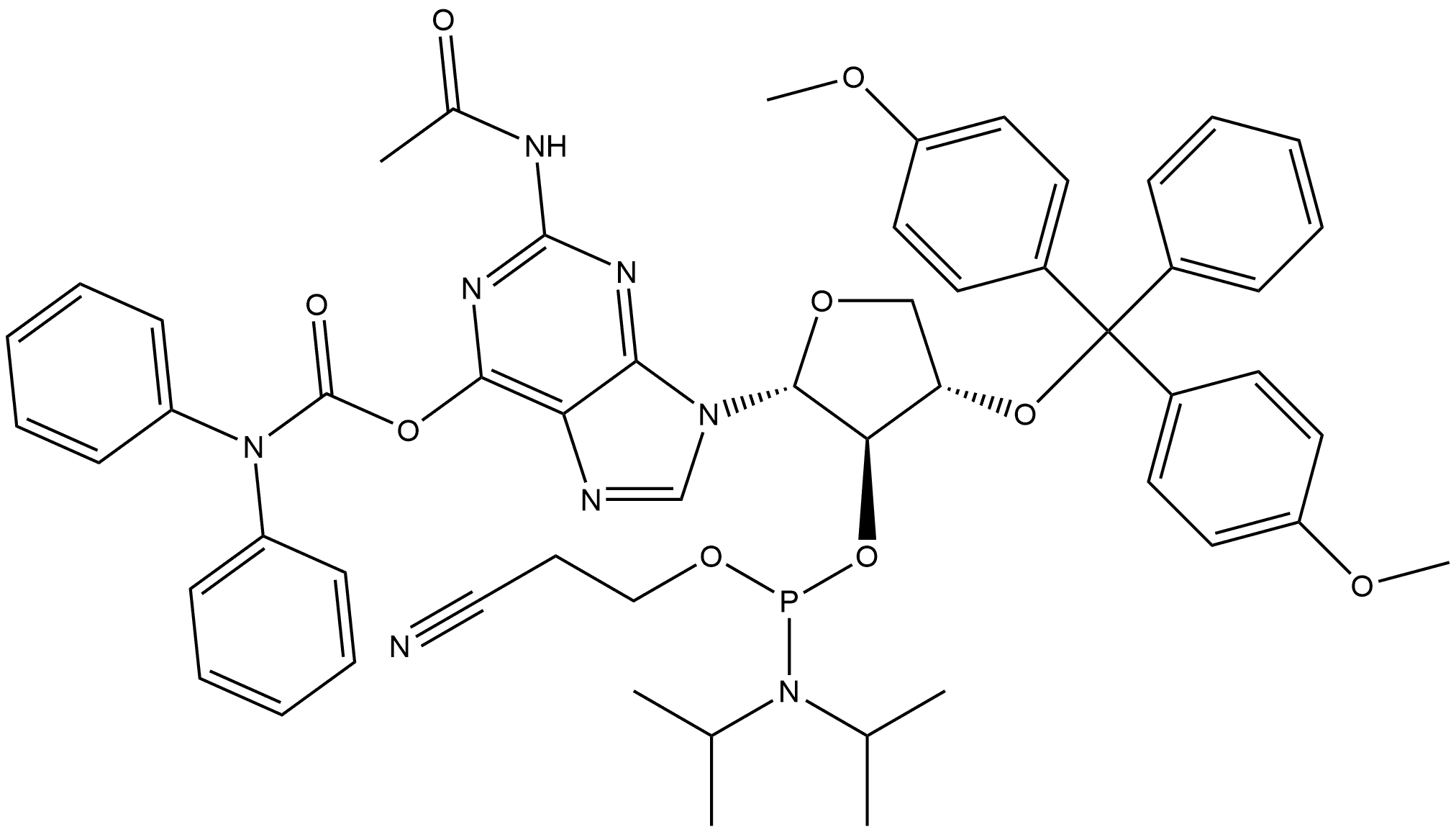 Phosphoramidous acid, bis(1-methylethyl)-, (2R,3R,4S)-2-[2-(acetylamino)-6-[[(diphenylamino)carbonyl]oxy]-9H-purin-9-yl]-4-[bis(4-methoxyphenyl)phenylmethoxy]tetrahydro-3-furanyl 2-cyanoethyl ester (9CI) Struktur