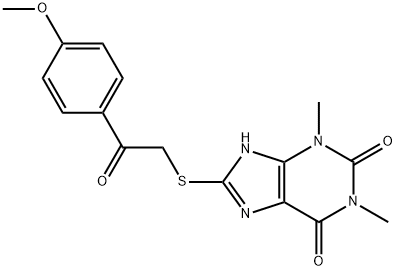 1H-Purine-2,6-dione, 3,9-dihydro-8-[[2-(4-methoxyphenyl)-2-oxoethyl]thio]-1,3-dimethyl- Struktur