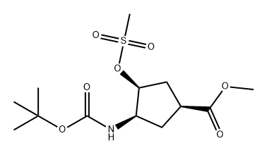 Cyclopentanecarboxylic acid, 3-[[(1,1-dimethylethoxy)carbonyl]amino]-4-[(methylsulfonyl)oxy]-, methyl ester, (1S,3R,4S)- 化学構造式